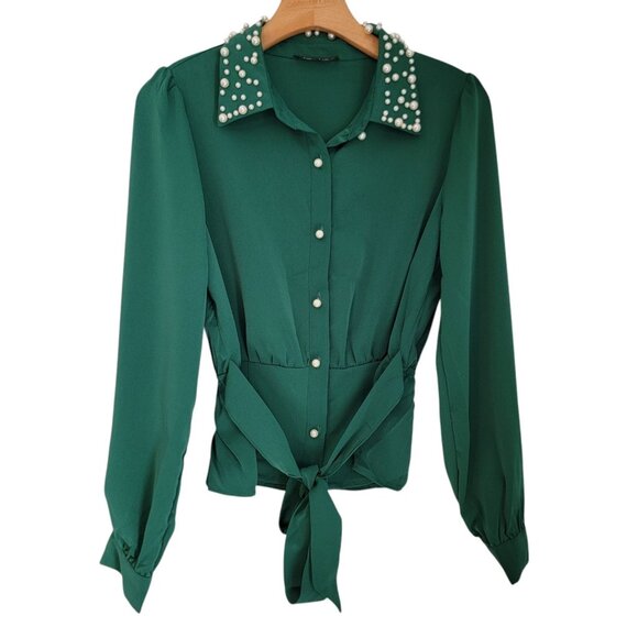 Lulumari Top Size S Green Pearl Embellished Neck And Buttons Career Classic - Picture 1 of 11